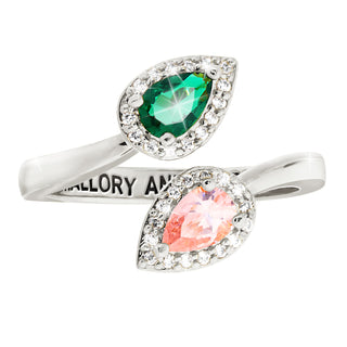 Sterling Silver Couple's Pear Birthstone CZ Halo Bypass Ring