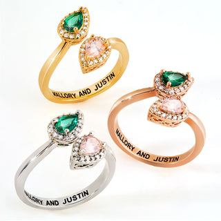 Rose Gold Plated Couple's Pear Birthstone CZ Halo Bypass Ring