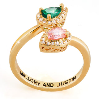 Gold Plated Couple's Pear Birthstone CZ Halo Bypass Ring