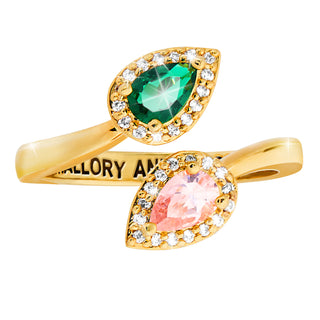 Gold Plated Couple's Pear Birthstone CZ Halo Bypass Ring