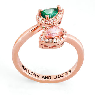 Rose Gold Plated Couple's Pear Birthstone CZ Halo Bypass Ring