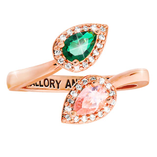 Rose Gold over Sterling Couple's Pear Birthstone CZ Halo Bypass Ring