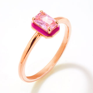 Rose Gold Plated Emerald Cut Birthstone and Enamel Ring