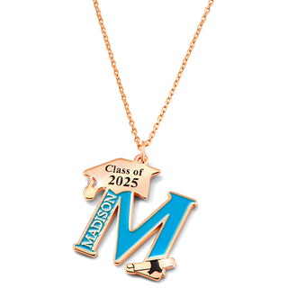 Personalized Enamel Initial with Name and Graduation Cap Necklace