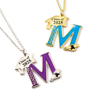 Personalized Enamel Initial with Name and Graduation Cap Necklace