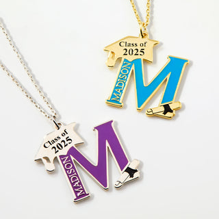 Personalized Enamel Initial with Name and Graduation Cap Necklace