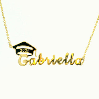 Graduation Name Plaque with Enamel Grad Cap Necklace