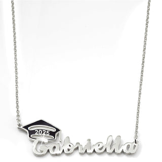 Graduation Name Plaque with Enamel Grad Cap Necklace