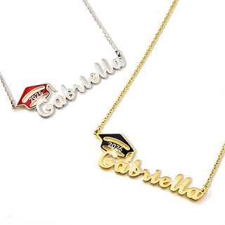 Graduation Name Plaque with Enamel Grad Cap Necklace