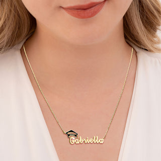 Graduation Name Plaque with Enamel Grad Cap Necklace