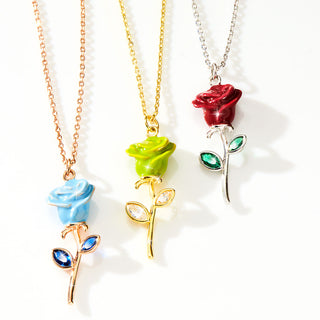 Enamel Rose with Birthstone Leaves Necklace