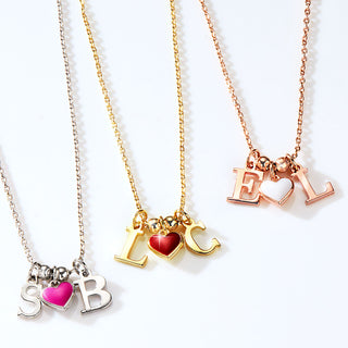 Couple's Initial and Enamel Heart Charm Cluster Necklace