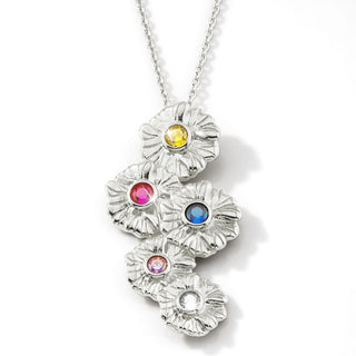 Silver Vertical Flower Birthstone Necklace - 1 to 5 stones