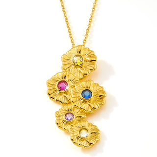 14K Gold Plated Vertical Flower Birthstone Necklace - 1 to 5 stones