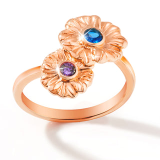 14K Rose Gold Plated Couple's Flower Birthstone Ring