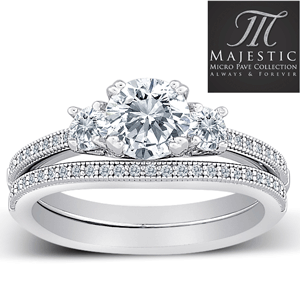 MAJESTIC  MicroPave CZ Sterling Silver  3-Stone 2-Piece Wedding Ring Set