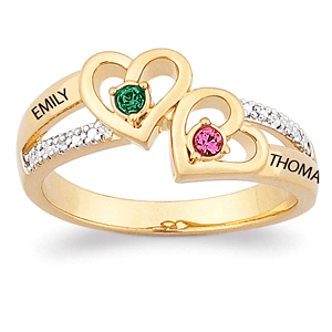 Gold over Sterling Couples Genuine Birthstone Hearts Name Ring with Diamond