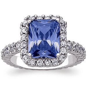 Sterling Silver Emerald-cut Created Sapphire & CZ Surround Ring