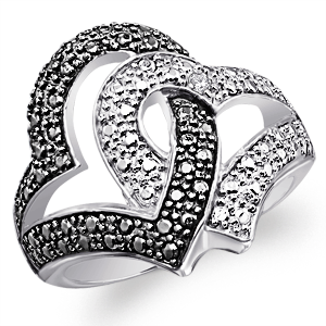 Platinum Plated Sterling Silver Black and White Linked Hearts Ring with Diamond Accent