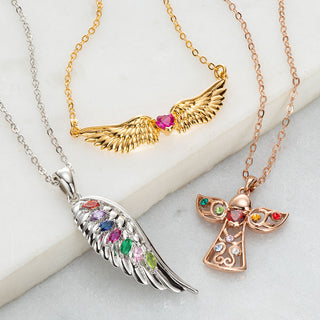 14K Rose Gold Plated Angel Wing with Heart Birthstone Necklace