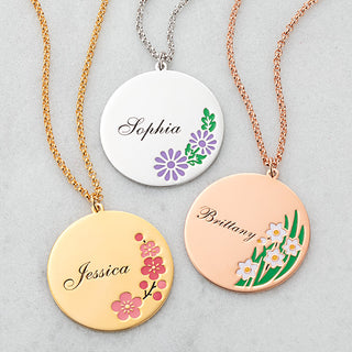 Silver Plated Engraved Name and Enamel Birth Flower Necklace