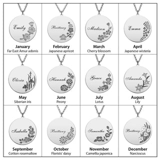 Silver Plated Engraved Name and Birth Flower Necklace