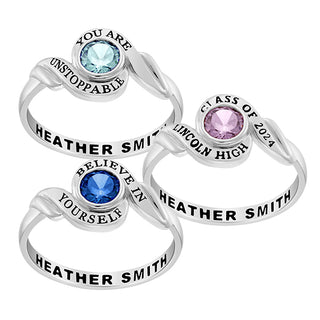 Ladies' Sterling Silver Swirl Bypass Round Birthstone Class Ring