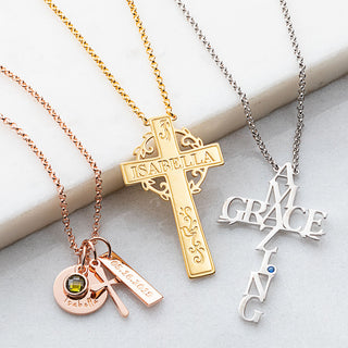 14K Gold Plated Engraved Name, Date, Birthstone and Cross Cluster Necklace