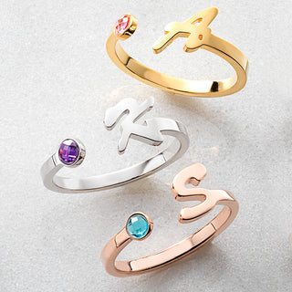 14K Rose Gold Plated Script Initial with Birthstone Ring